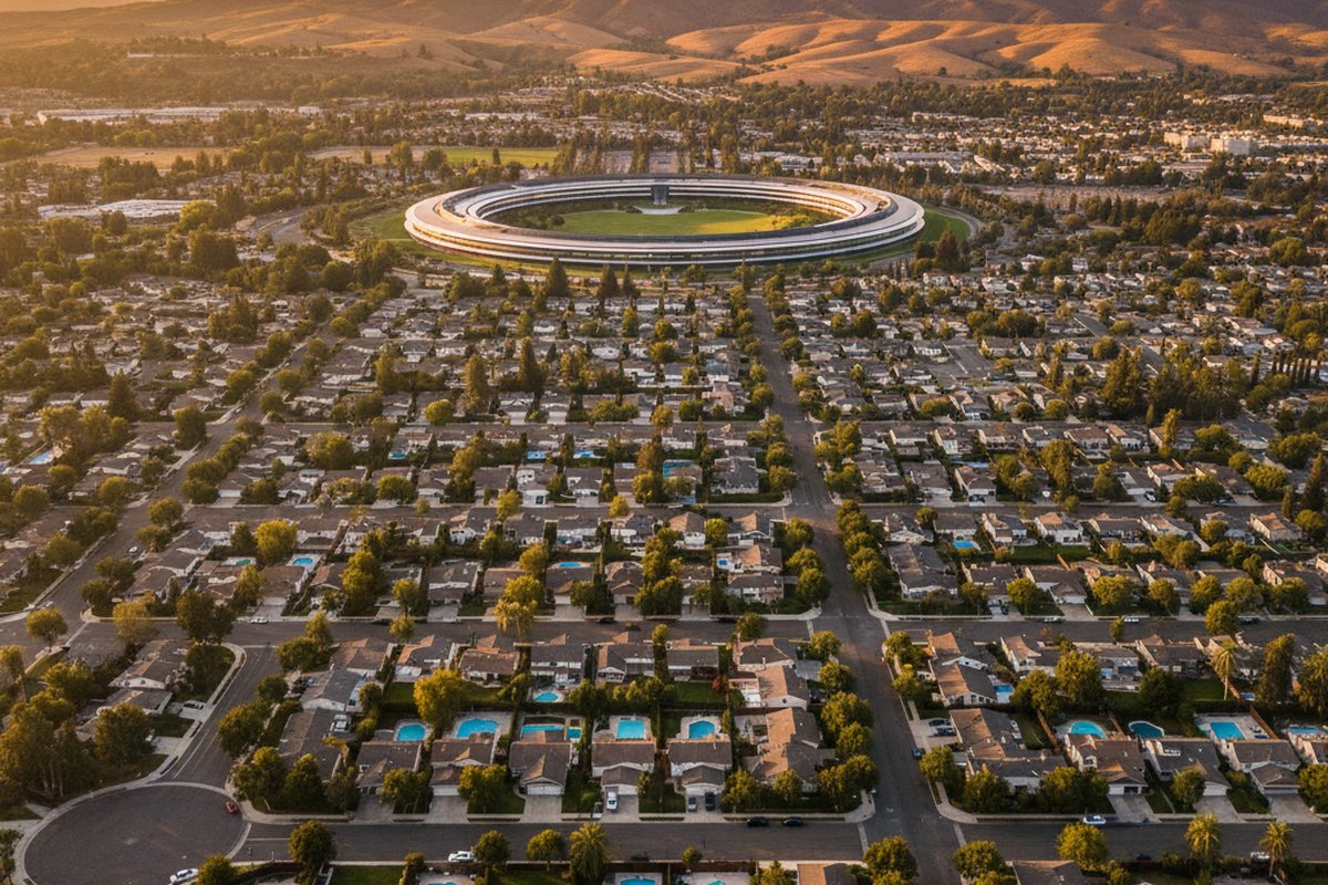 Cupertino 航拍 — Apple Park 与山丘环抱的高品质社区。